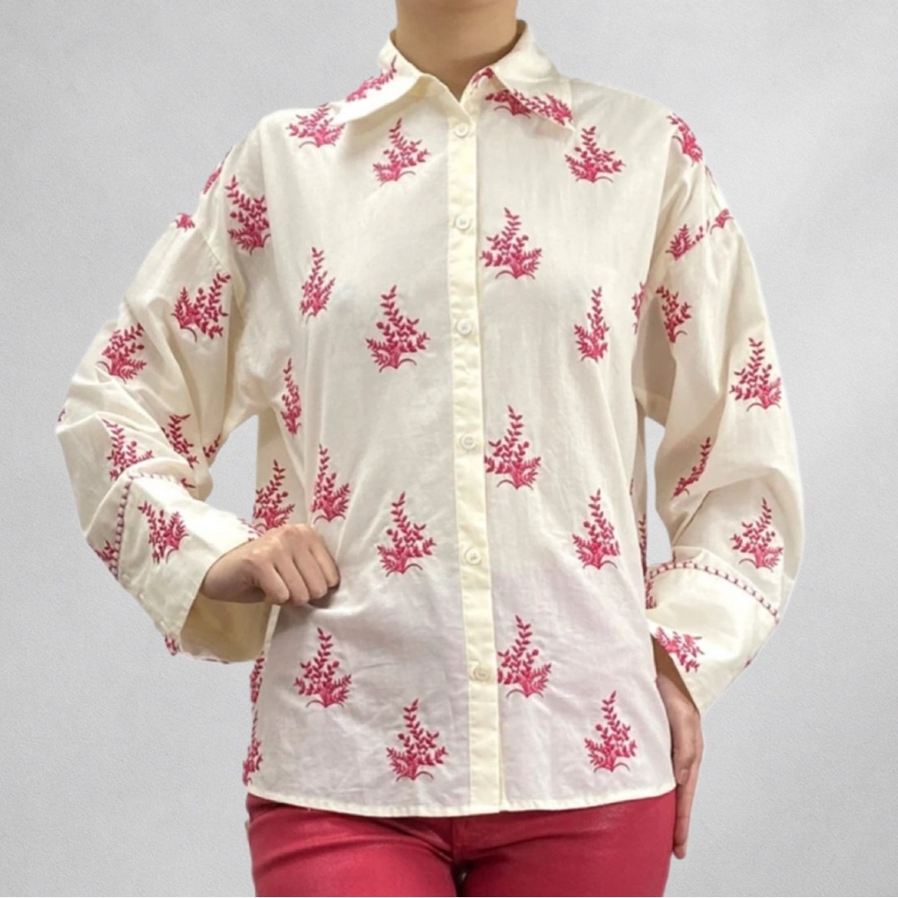 ZARA  L Women’s Blouse Embroidered Button Down Shirt Ivory Red Floral Boho wb